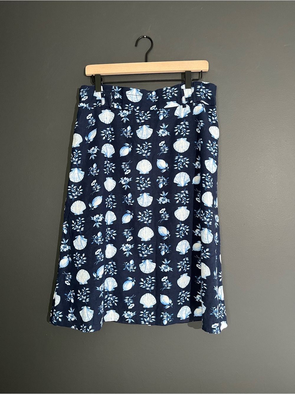 Ann Taylor Linen Blend Seashell Print Midi Skirt Blue White Fully Lined NO BELT